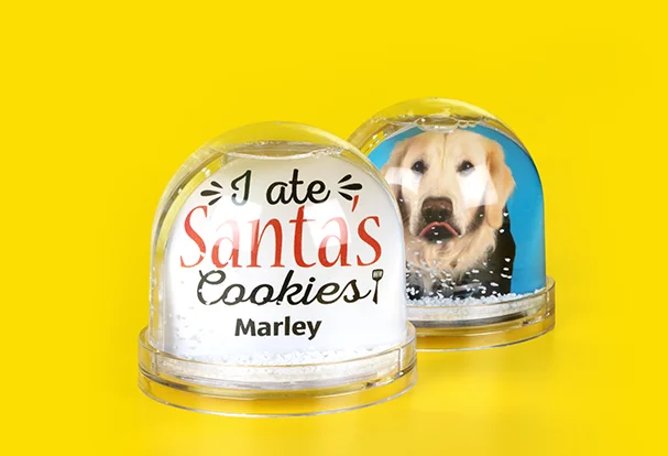 Neue Produkte bei den Schneekugeln: jetzt beidseitig gestalten Schneekugel mit zwei unterschiedlichen Motiven. Eine Seite zeigt ein Hunde-Portrait, die andere bring mit dem Spruch „ I ate Santa’s Cookies. Marley“ die Sache auf den Punkt.