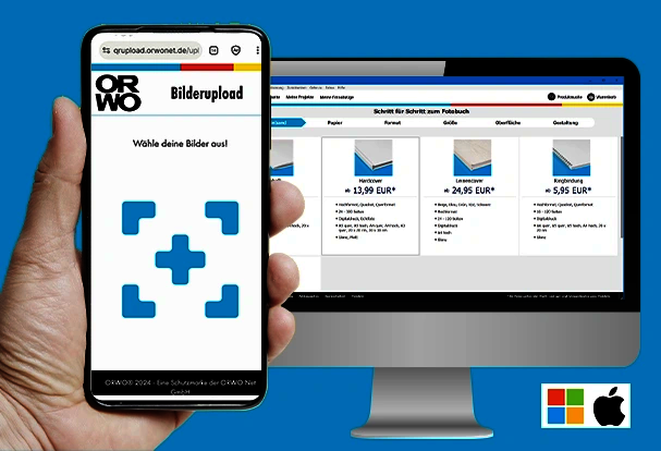 Fotobuch-Tipps – Fotos vom Smartphone in die Fotobuch-Software laden Smartphone mit ORWO Bilderupload und Fotobuch-Software auf dem Computer zum einfachen Übertragen von Fotos ins Fotobuch.