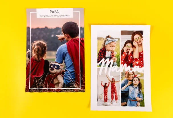 Neue Produkte: Collagen und Designposter – individuell und großartig Eine Collage für Mama mit vier Fotos und dem Schriftzug „Mama“ und ein Designposter mit einem großflächigen Bild, einer puristischen Gestaltung inkl. liebe Grüße für Papa.