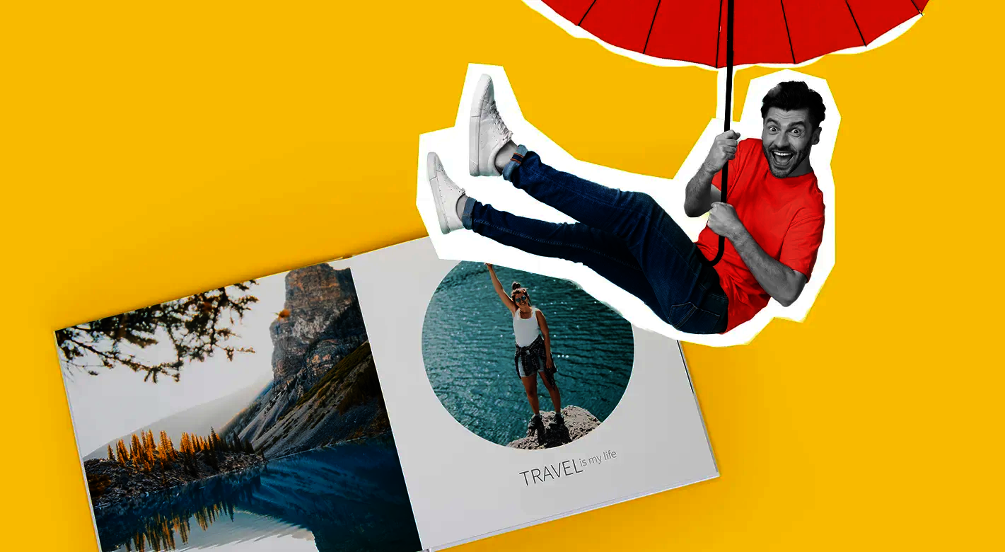 Fotobuch-Tipps für kreative Gestaltungsideen und inspirierende Bildideen Kreative Fotobuch-Tipps visualisiert: lachender Mann mit Schirm über offenem Reise-Fotobuch.