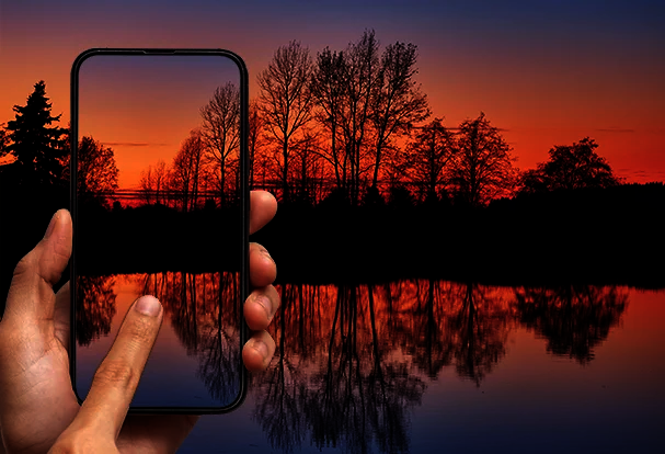 Fotografie-Tipps blaue Stunde mit dem Handy Eine Baumreihe spiegelt sich im See zum Sonnenuntergang. Wir zeigen wie du diese Bildstimmung easy peasy mit deinem Smartphone fotografieren kannst.