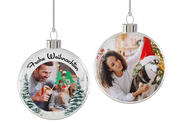 Fotoprodukte – Individuelle Christbaumkugeln mit Foto gestalten Personalisierte runde Christbaumkugeln mit weihnachtlichen Fotomotiven. Deine Fotoprodukte den Tannenbaum.