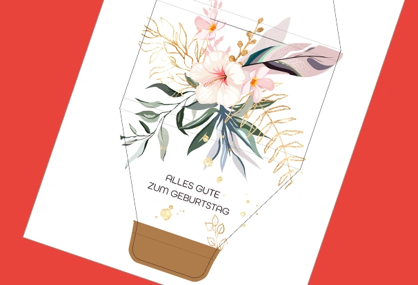 DIY-Bastelbogen „Elegante Geburtstagsgrüße“ – Goldglänzender Flair zum Schokolade verpacken. Unser Bastelbogendesign „Elegante Geburtstagsgrüße“ im zarten Rosa, kräftigem Türkis-Grün und goldenen Akzenten passt für jedes Alter. Jetzt Schokolade stilvoll verpacken.