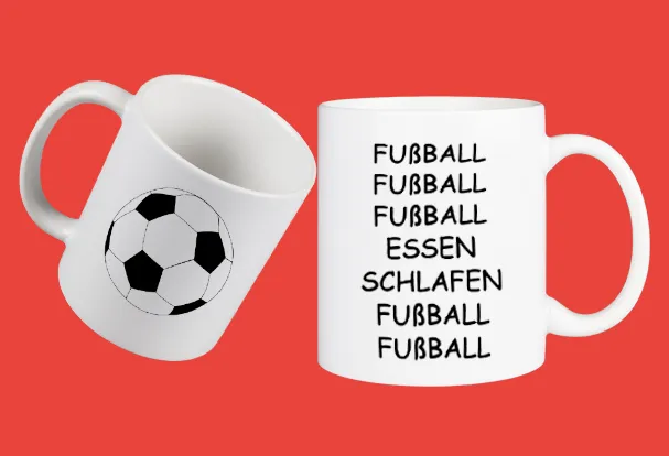 Weiße Tasse mit Fußball Motiv und Spruch