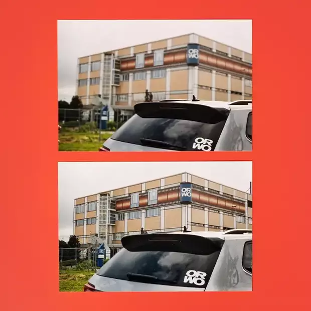 Auf zwei Fotoabzügen: ORWO-Gebäude mit Auto und Logo. Oben unscharf, unten scharf durch unterschiedliche Blendeneinstellungen.