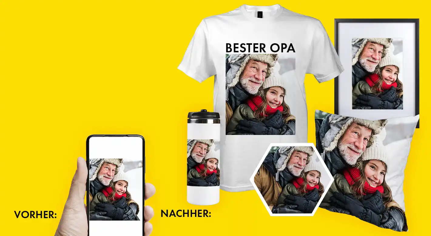 Fotoprodukte Produktvorschau – Foto als Geschenk gestalten Fotoprodukte Produktvorschau: Foto vom Smartphone wird als personalisiertes Geschenk umgesetzt – T-Shirt „Bester Opa“, Thermobecher, Poster im Rahmen, Fotokissen und Fotomagnet