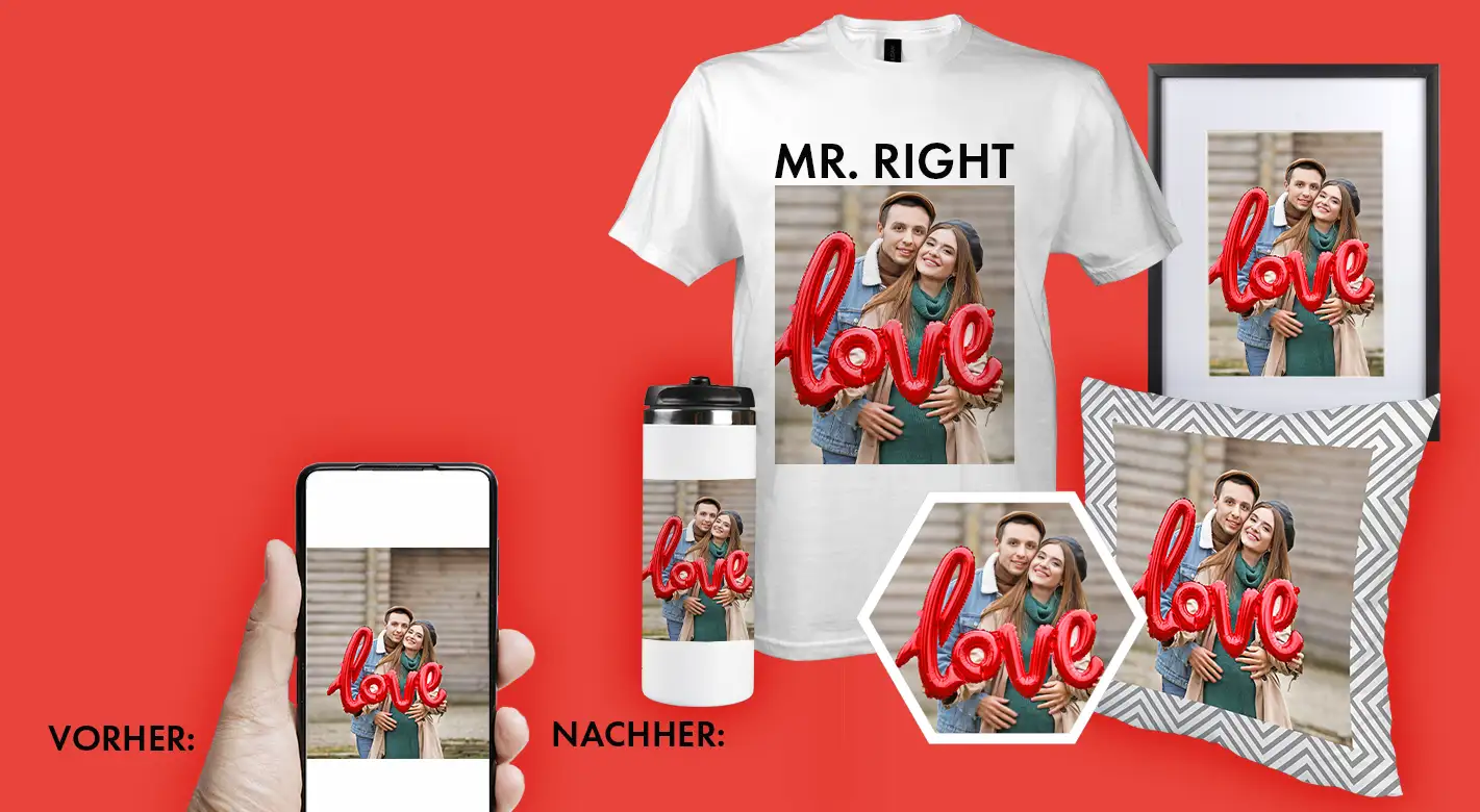 Dein Foto auf ORWO Fotoprodukten - Sieh es dir an Vorher - Nachher: Ein Smartphone zeigt Marley, den ORWO Bürohund. Daneben werden verschiedene Fotoprodukte gezeigt auf denen unser Lieblingsbild von Marley gedruckt sind.