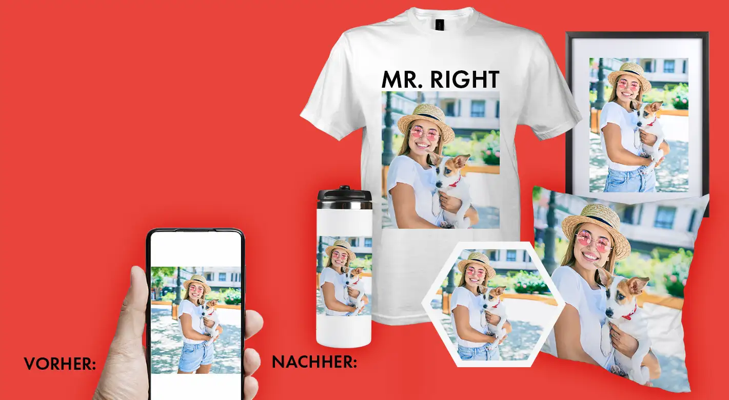 Fotoprodukte – Personalisierte Geschenkideen mit Foto gestalten Vorschau personalisierter Fotoprodukte mit eigenem Foto – T-Shirt, Thermobecher, Poster und Kissen im Vorher-Nachher-Vergleich.
