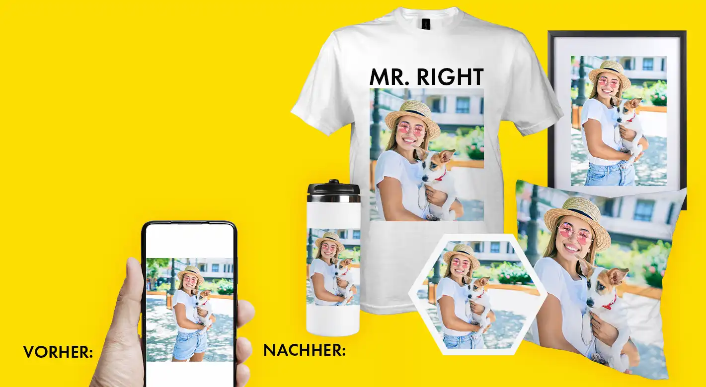 Fotoprodukte – Personalisierte Geschenkideen mit Foto gestalten Vorschau personalisierter Fotoprodukte mit eigenem Foto – T-Shirt, Thermobecher, Poster und Kissen im Vorher-Nachher-Vergleich.