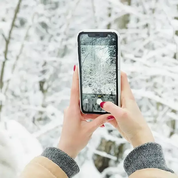 Eine Frau fotografiert mit einem Smartphone verschneite Äste. Mit den richtigen Einstellungen macht dein Handy tolle Fotos im Schnee.