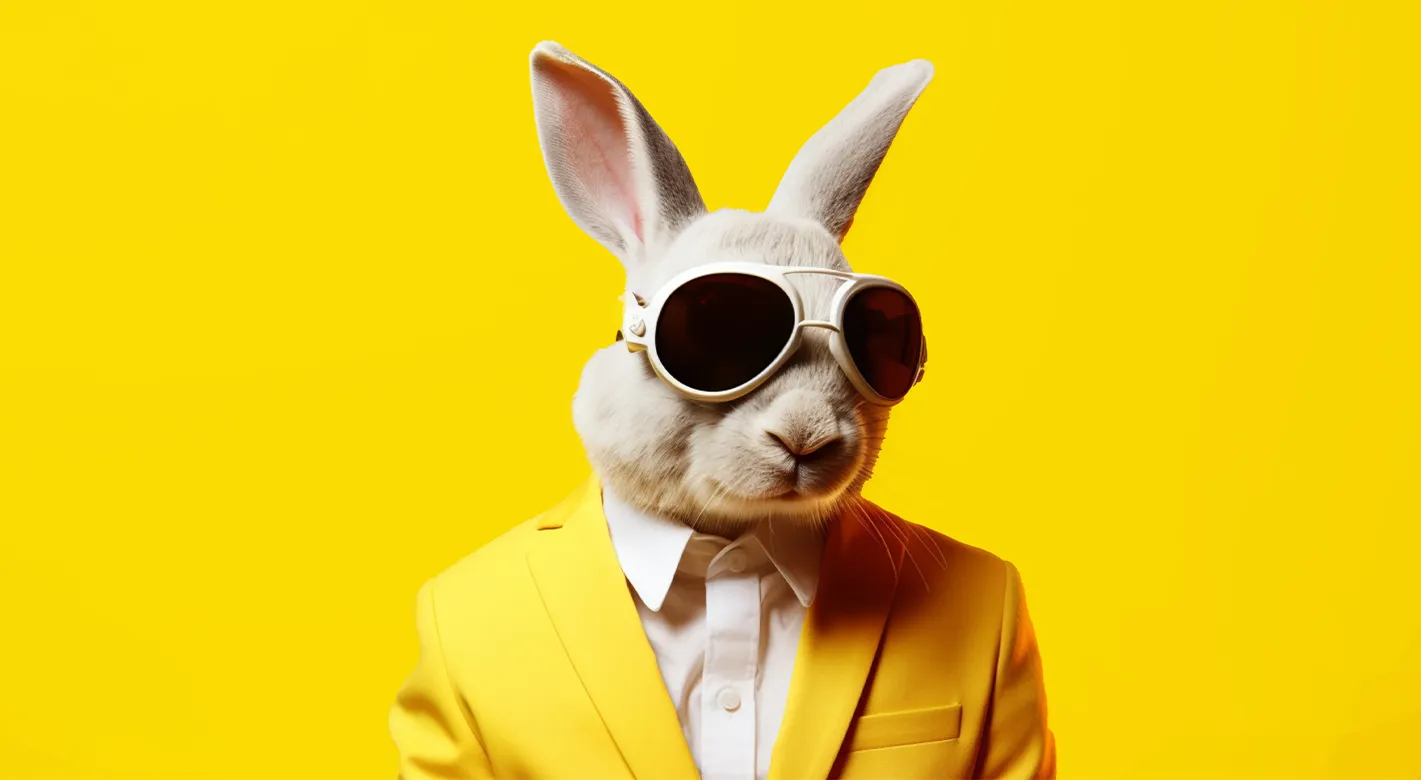 Cooler Hase im gelben Anzug und Sonnenbrille. 