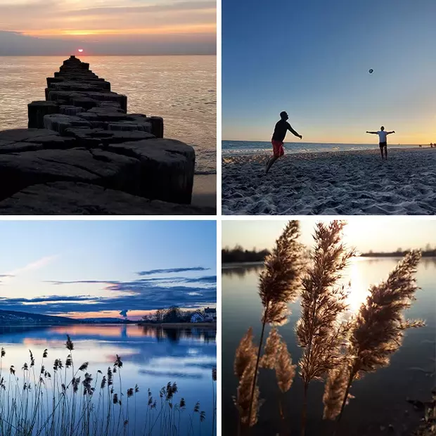 Vier Fotos am Wasser zeigen Landschaften mit und ohne Menschen. Es werden unterschiedliche Lichtstimmungen zur blauen Stunde gezeigt. Vom kühlen Blau bis hin zu warmen Brauntönen.