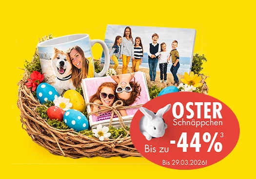 Oster-Schnäppchen auf Fotoprodukte – bis zu 44 % Rabatt Osterkorb mit personalisierten Fotoprodukten: Fototasse mit Hund und Frau, Fotobücher und Fotodrucke; Oster-Schnäppchen mit bis zu 44 % Rabatt bis 29.03.2026.
