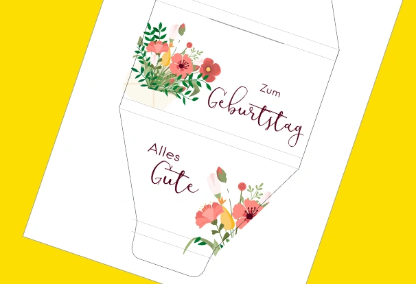 DIY-Bastelbogen „Blumen-Party“ – Schokolade mit stilisierten Blumen verpacken. Beim blumigen Design mit der Aufschrift „Alles Gute“ bleibt die Fläche größtenteils Weiß und besticht mit vollflächig gezeichneten Blüten in Rosatönen. Deine Schokolade kannst du schlicht und spielerisch verpacken.