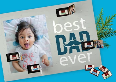 ORWO Adventskalender – personalisiertes Fotogeschenk mit Schokolade Personalisierter ORWO Adventskalender mit Foto und Aufschrift „Best Dad Ever“ – kreative Geschenkidee mit kleinen Schokoladen hinter jedem Türchen.