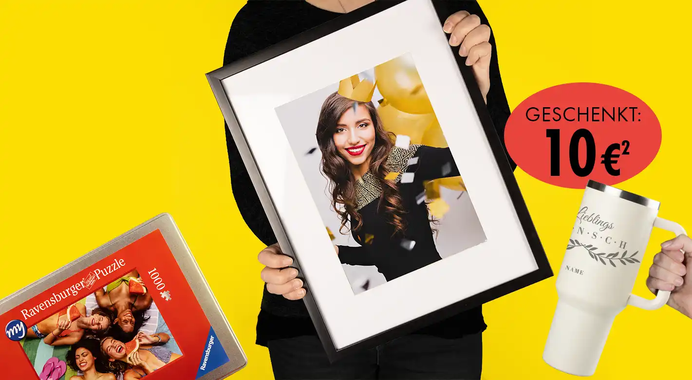 Fotoprodukte kombinieren – ORWO Geschenke mit persönlicher Note Vielfältige Fotoprodukte von ORWO – Bilderrahmen, Fotobuch und personalisierter Thermobecher als Geschenkidee
