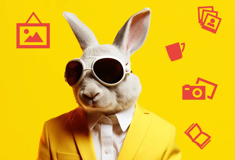 Personalisierte Fotoprodukte zum Osterfest Ein als Osterhase verkleideter Mensch mit Sonnenbrille zeigt mögliche Ostergeschenke – perfekte Inspiration für persönliche Fotoprodukte zu m Osterfest