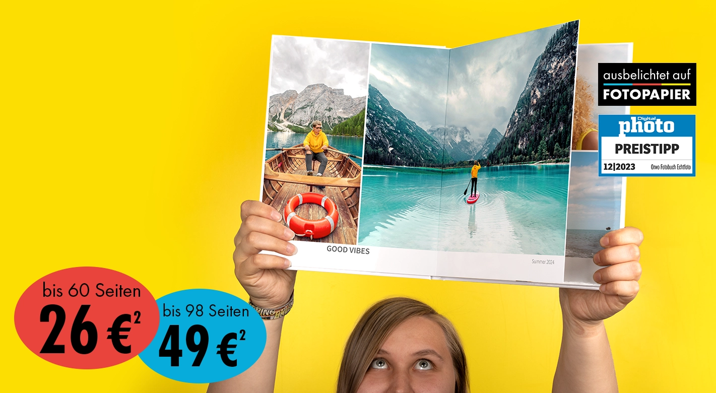 Deine Fotoprodukte von ORWO - Deine Motive im hochwertigen Fotobuch aus edlem Fotopapier, gestalte jetzt 60 Innenseiten für nur 26 € oder bis zu 98 Seiten zum Festpreis von 49 €².