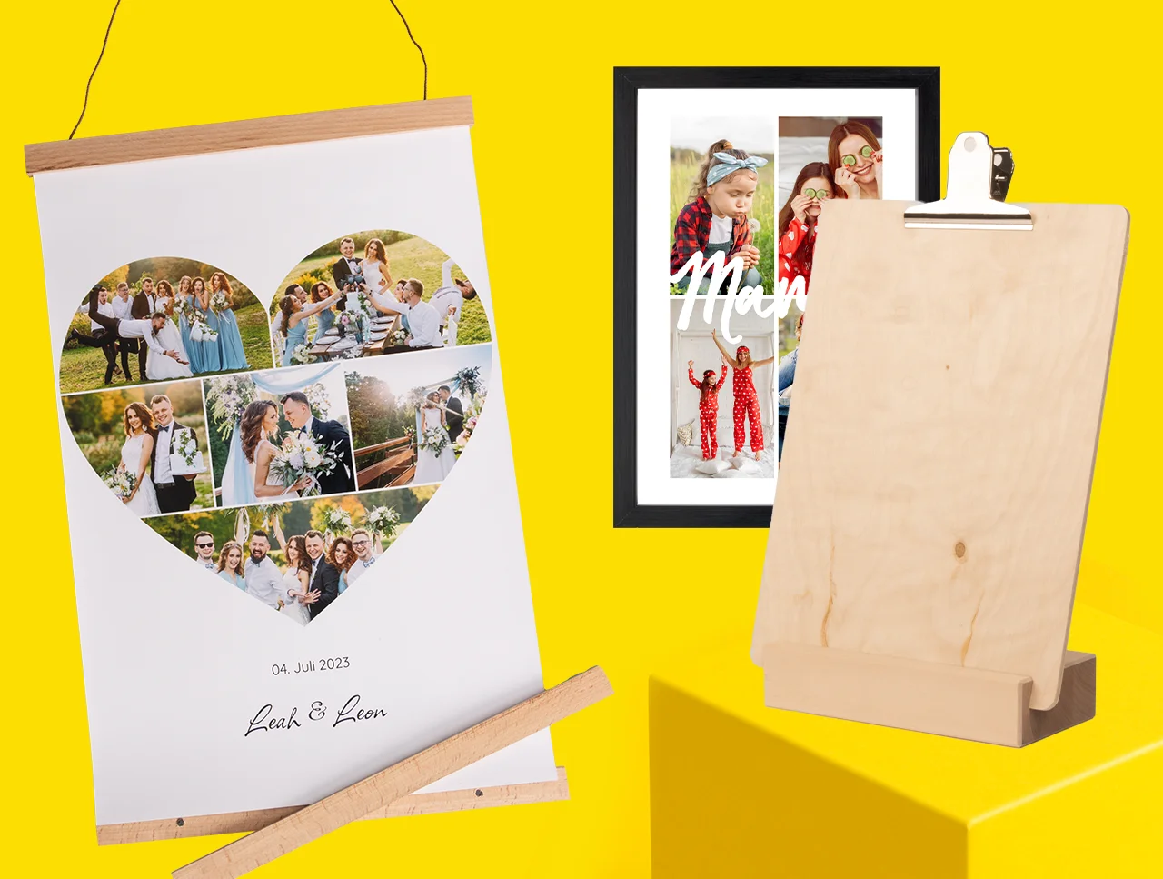 Kreatives Fotozubehör – Posterleisten, Rahmen und Aufsteller für deine schönsten Erinnerungen Verschiedene Fotozubehör-Produkte: Posterleiste mit Herz-Collage, gerahmtes Bild und Holzaufsteller auf gelbem Hintergrund.
