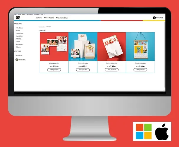 Ein Monitor mit geöffnetem ORWO-Fotodesigner mit der Auswahl verschiedener Kalenderarten. Der Fotodesigner ermöglicht das Kalender-selbst-gestalten auch offline.
