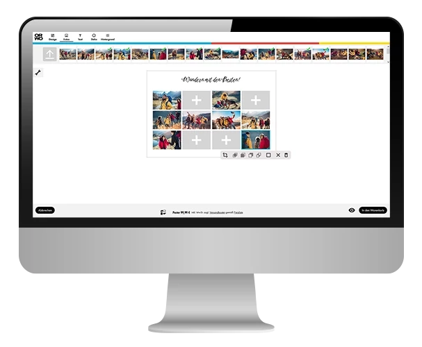 Ein Bildschirm eines Rechners, der die Online-Gestaltung eines Fotocollage-Posters bei ORWO zeigt.