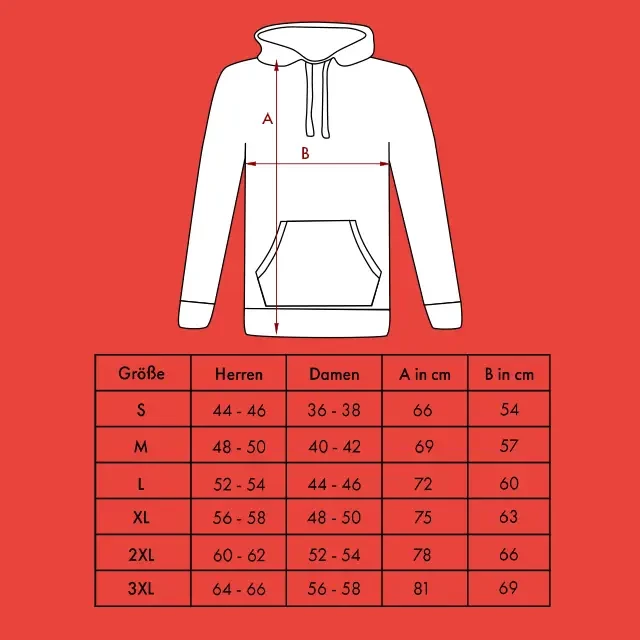 Bei ORWO einen Hoodie bedrucken lassen. Schau dir die Größentabelle an, um zu wissen, welche Größe dir passt. Das Größenspektrum reicht von S bis 3XL.