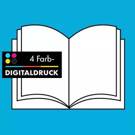 Fotobuch, 4-Farb-Digitaldruck Stilisiertes offenes Fotobuch mit angedeuteter klassischer Klebebindung auf blauem Hintergrund. Ein Siegel mit dem Text „4-Farb-Digitaldruck“ ragt über die Grafik. Stellvertretend für die Auswahl „Digitaldruck“ für dein Fotobuch.