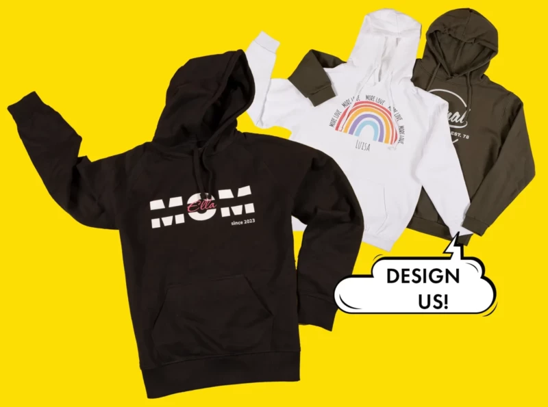 Hoodie selbst gestalten und richtig kreativ werden. Die Hoodies warten nur darauf, von dir designet zu werden, um anschließend von uns bedruckt zu werden.